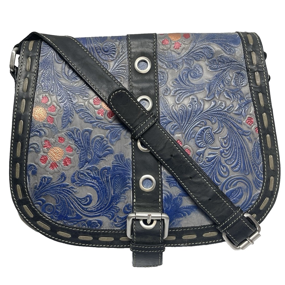Firenze Bella Tooled Leather Hand Painted Buckle Studded‎ Crossbody Purse Bag